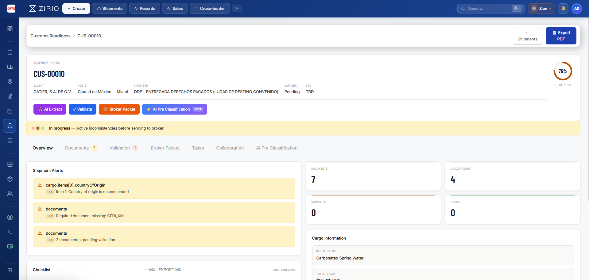 Zirio Customs Readiness Dashboard